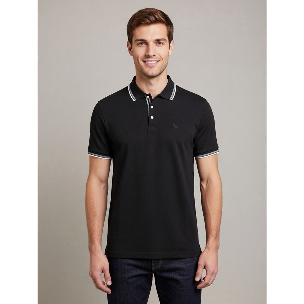 Stone Falcon Polo Shirt Mens M Black Pullover Stretch Casual 3 Button